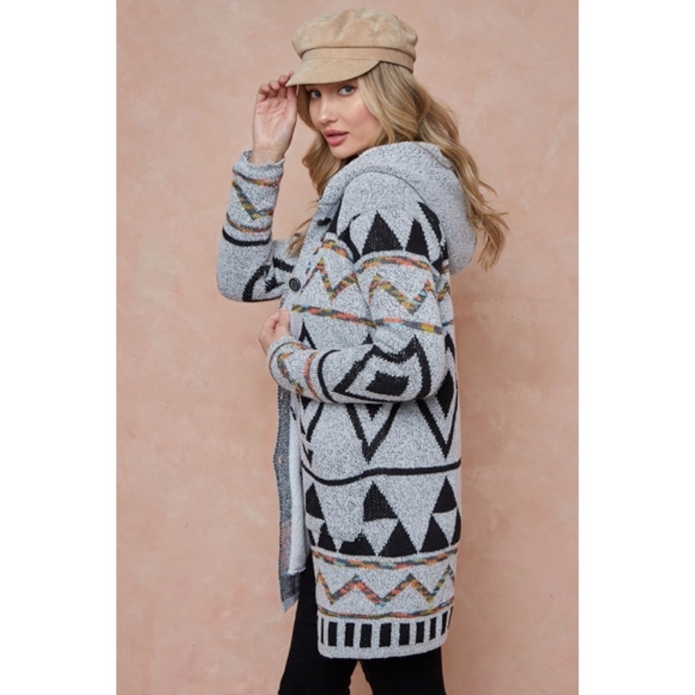 Gray Multi Sweater Hooded Long Knit Cardigan Sweater w/ Sherpa Lining - Picture 7 of 7